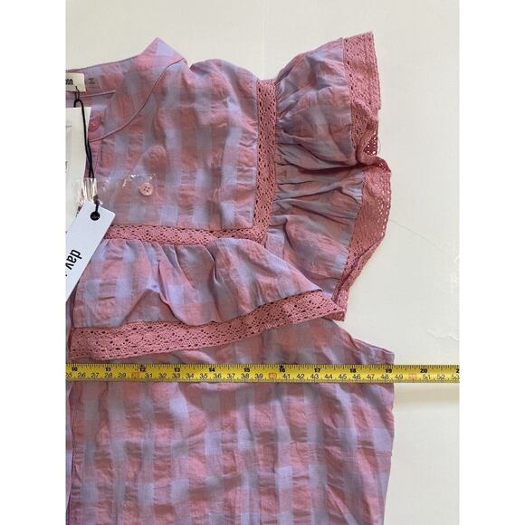 Day + Moon Gingham Ruffled Blouse In Pink Size Large - Picture 5 of 8